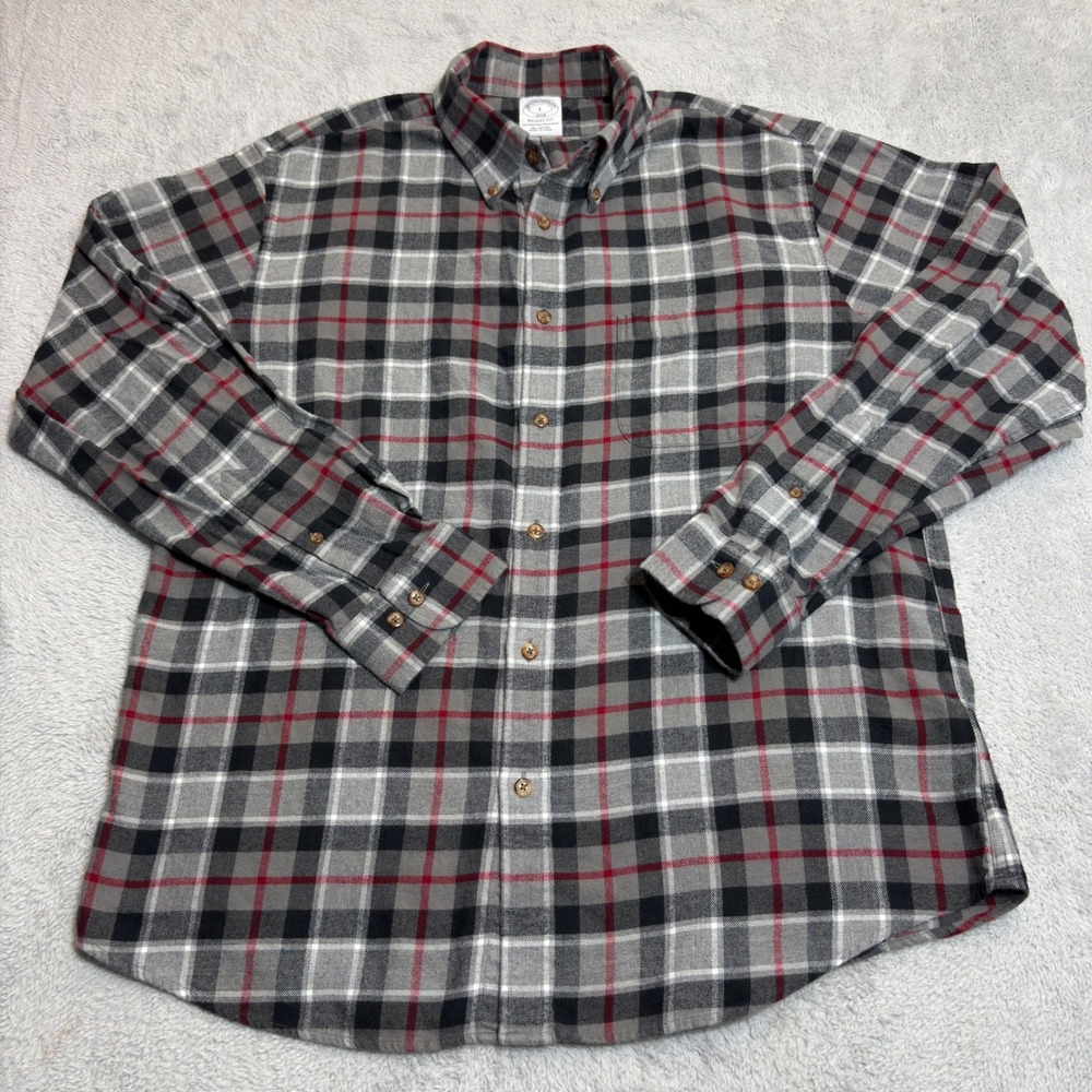 Brooks Brothers Flannel Shirt Mens Large Grey Black Red Plaid Regent Fit Cotton